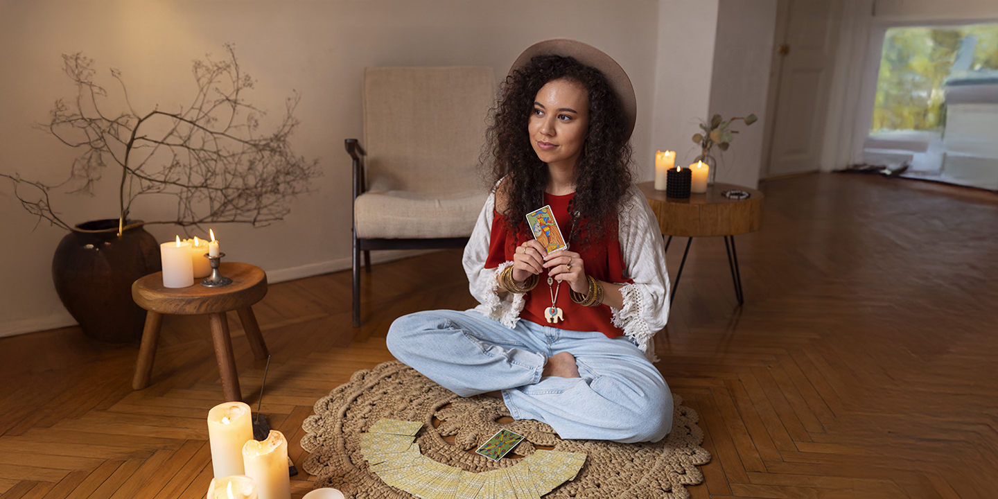 Frau sitzt mit Tarotkarten und Kerzen am Boden, meditiert zur inneren Balance und zur Stärkung der Intuition.