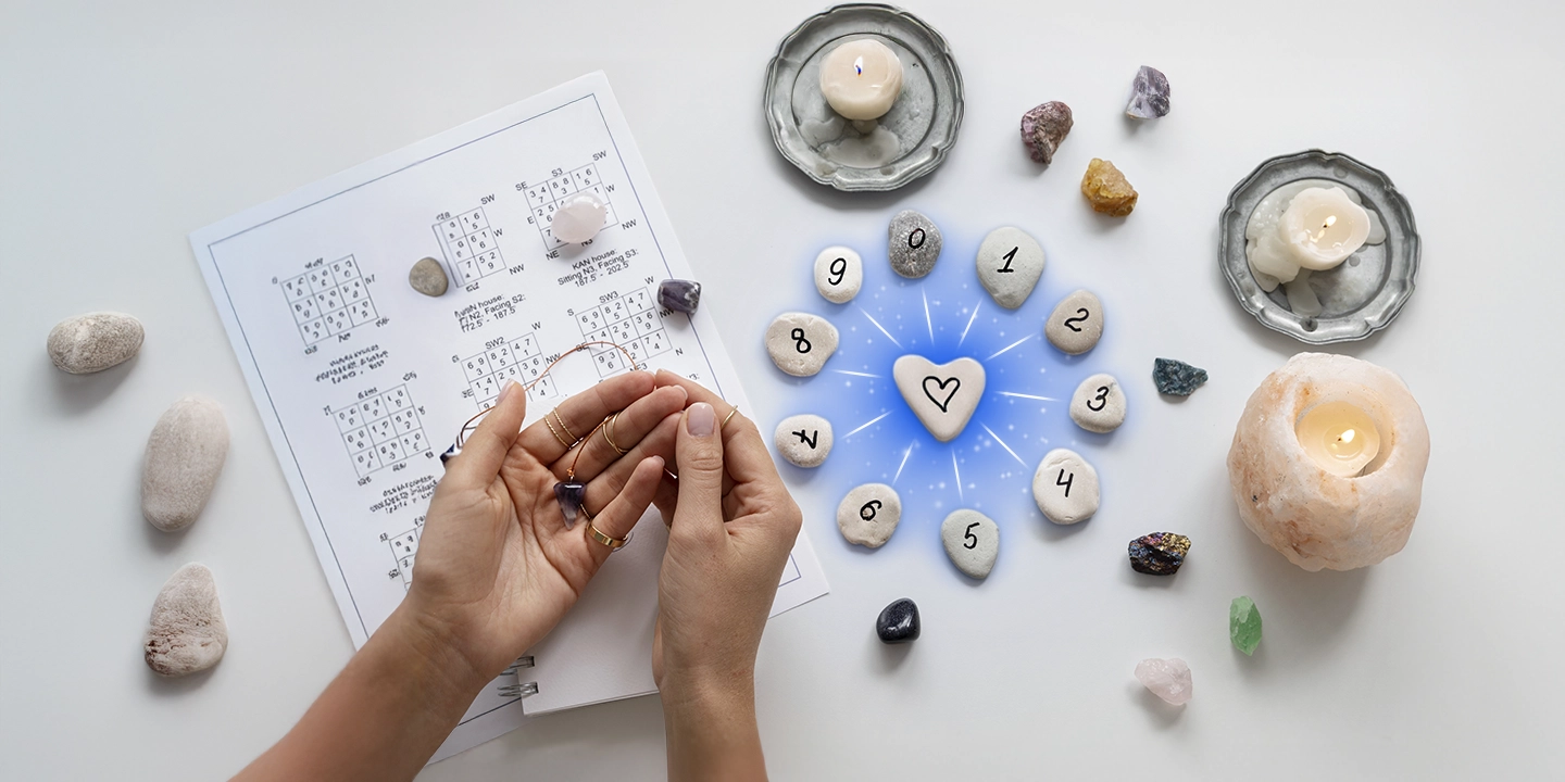 Hand mit Pendel über einem numerologischen Diagramm und nummerierten Steinen, die um ein Herz liegen – Symbol für Liebeskompatibilität durch Zahlen