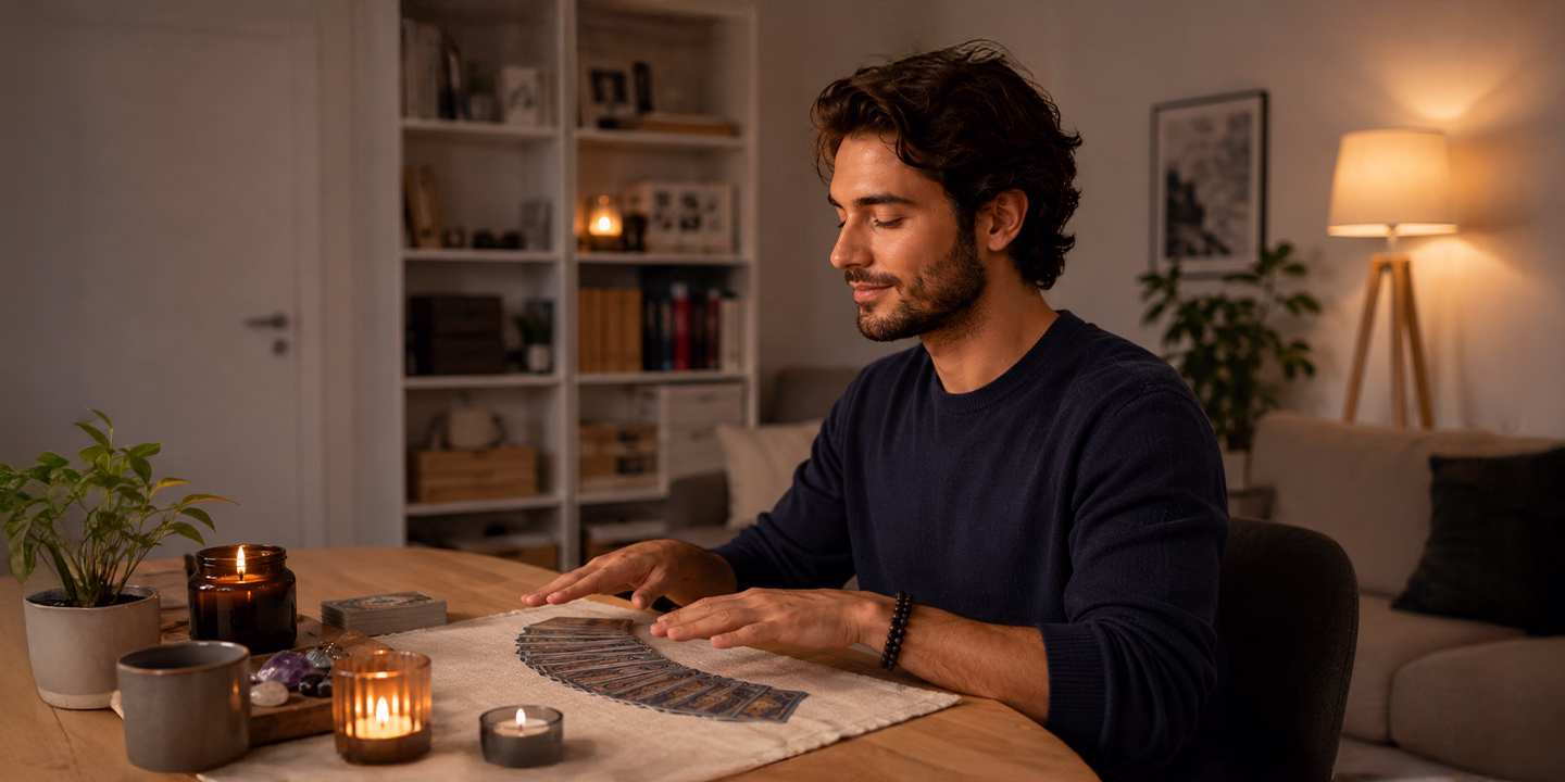 Homme pratiquant un tirage de tarot intuitif dans une ambiance apaisante, illustrant l’interprétation des cartes par l’intuition et les ressentis personnels.