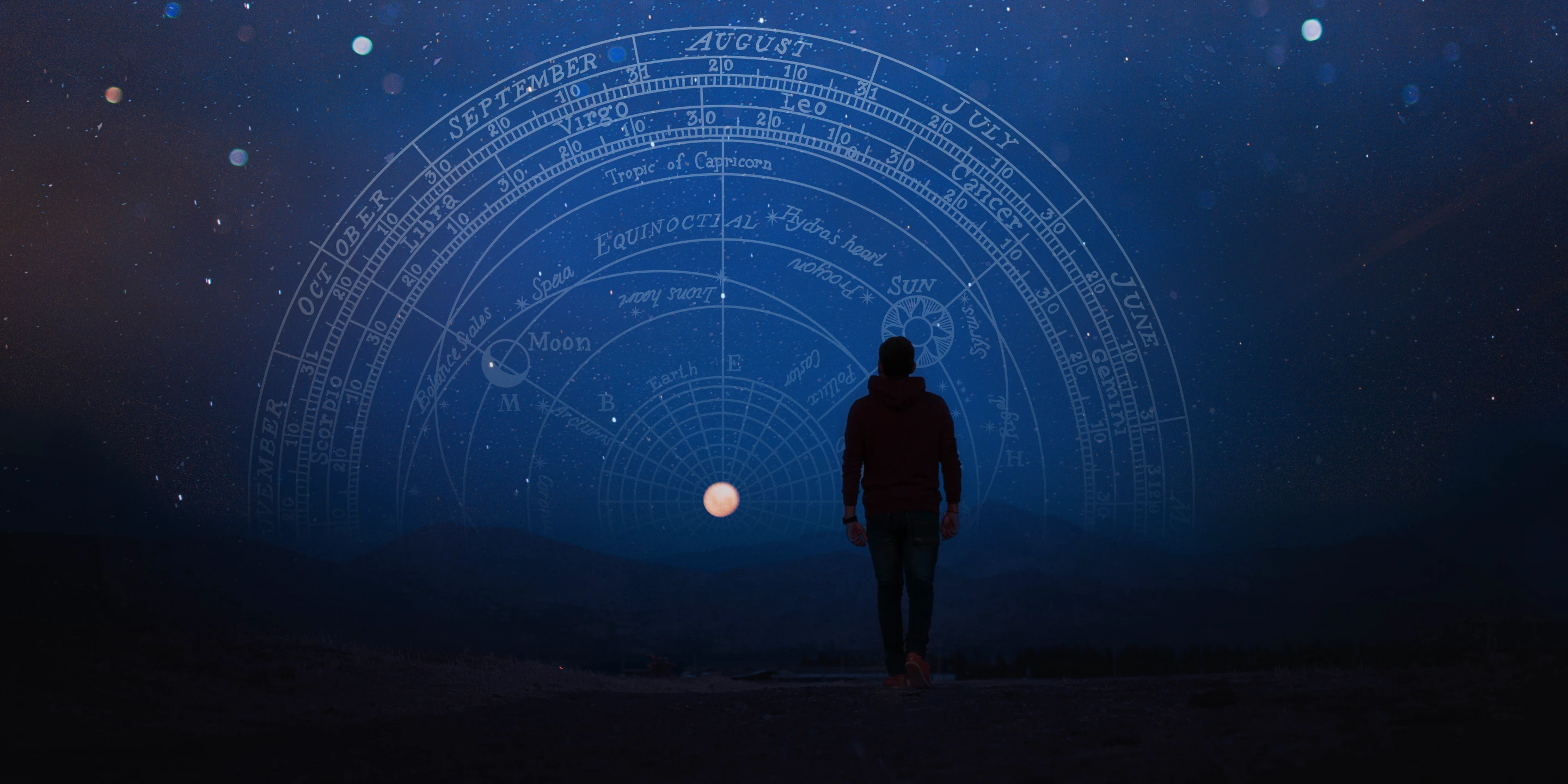 Silhouette d’une personne regardant le ciel étoilé avec une carte astrologique en arrière-plan, illustrant l’influence des planètes sur le quotidien.