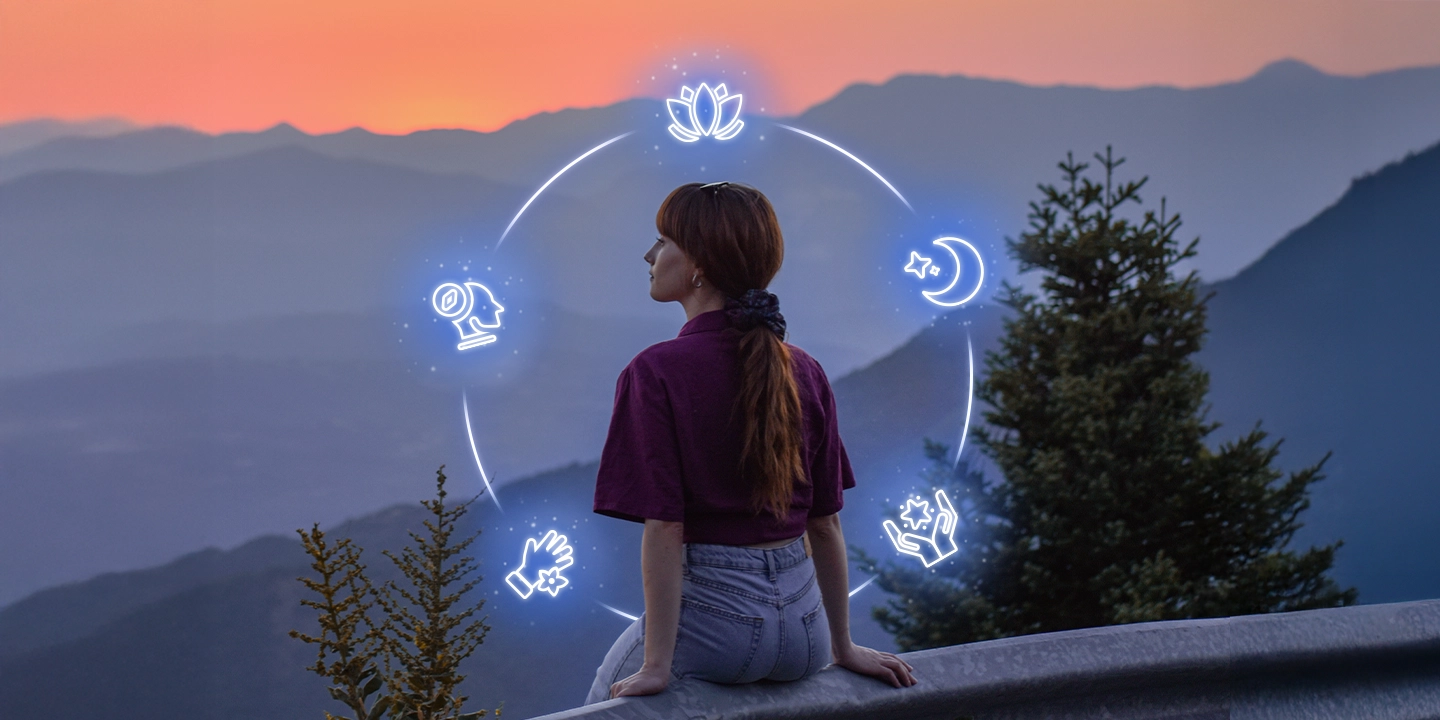 Bannière illustrant les 5 signes révélateurs d’un don de médiumnité : femme méditant face à la nature au coucher du soleil, entourée d’icônes spirituelles