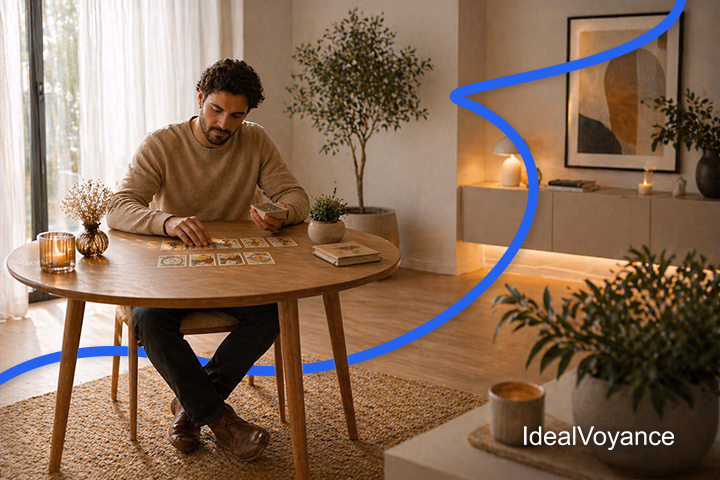 Homme r&eacute;alisant un tirage de cartes &agrave; domicile, illustrant l&rsquo;interpr&eacute;tation des cartes de r&eacute;ussite et les opportunit&eacute;s dans un tirage de cartomancie.