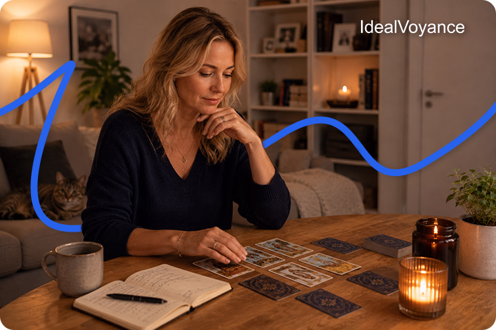 Femme r&eacute;alisant un tirage de tarot intuitif &agrave; domicile, utilisant son intuition et ses ressentis pour interpr&eacute;ter les cartes dans une ambiance calme et spirituelle.