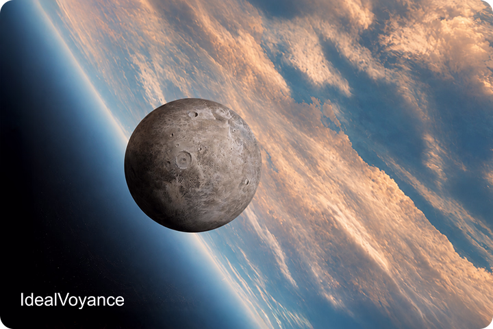 Illustration de la plan&egrave;te Mercure dans l'espace, symbole du ph&eacute;nom&egrave;ne de Mercure r&eacute;trograde et de son influence en astrologie sur la communication et l'introspection.