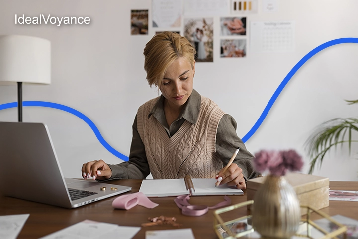 Femme en réflexion professionnelle prenant des notes, illustrant l’utilisation de l’astrologie pour aligner sa carrière, ses choix de travail et ses objectifs personnels.