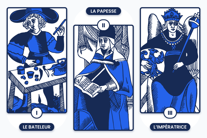 Cartes du tarot de Marseille repr&eacute;sentant les trois premiers arcanes majeurs : Le Bateleur, La Papesse et L&rsquo;Imp&eacute;ratrice, chacune riche en symboles spirituels