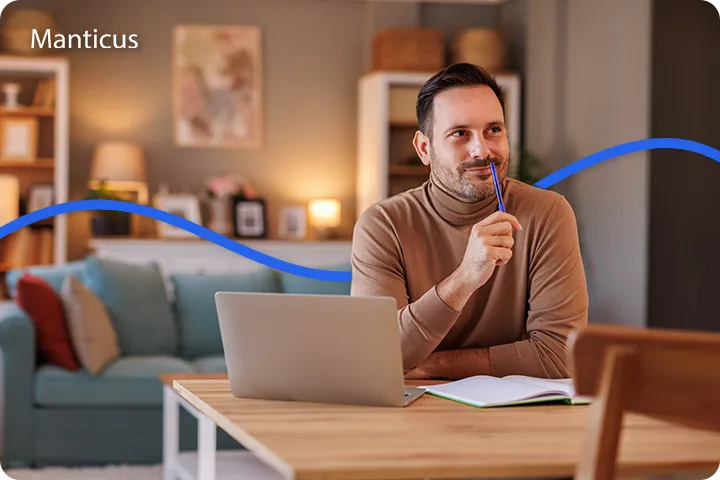 Nachdenklicher Mann am Laptop, der Liebesfragen reflektiert und symbolisch für den Wunsch steht, am Valentinstag durch eine Beratung mehr Klarheit in Beziehungen zu gewinnen.