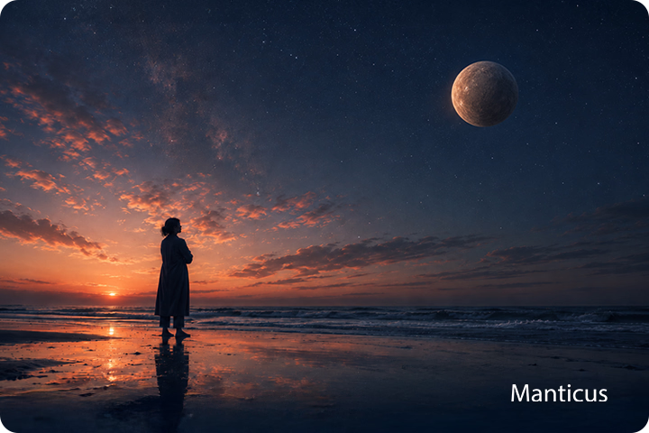 Person blickt bei Sonnenuntergang zum Himmel und zum Planeten Merkur &ndash; Sinnbild f&uuml;r den r&uuml;ckl&auml;ufigen Merkur, Selbstreflexion und astrologische Orientierung.