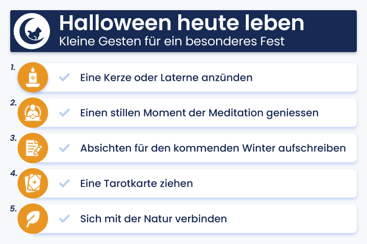 Infografik mit spirituellen Praktiken f&uuml;r Halloween: eine Kerze anz&uuml;nden, meditieren, Absichten aufschreiben, eine Tarotkarte ziehen und sich mit der Natur verbinden.