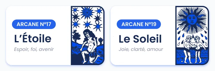 Illustration des arcanes majeurs L&rsquo;&Eacute;toile et Le Soleil du tarot, symbolisant espoir, joie et renouveau pour une guidance spirituelle de No&euml;l.