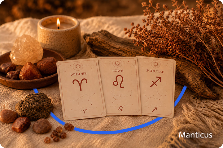 Astrologische Karten der Feuerzeichen Widder, Löwe und Schütze, die Leidenschaft, Tatkraft, Kreativität und Führungsstärke des Elements Feuer symbolisieren