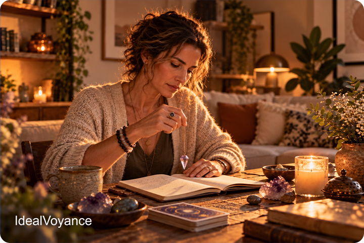 Femme utilisant un pendule au-dessus d’un journal spirituel, entourée de cristaux et de cartes, illustrant les pratiques permettant de développer la clairvoyance et l’intuition.