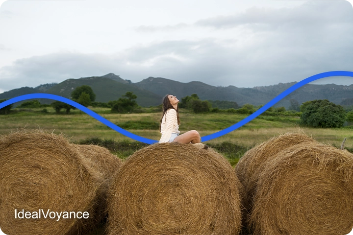 Femme assise sur des bottes de foin dans un paysage naturel, symbole de renouveau et de transformation associ&eacute;s &agrave; la vibration du vendredi 13 en num&eacute;rologie.
