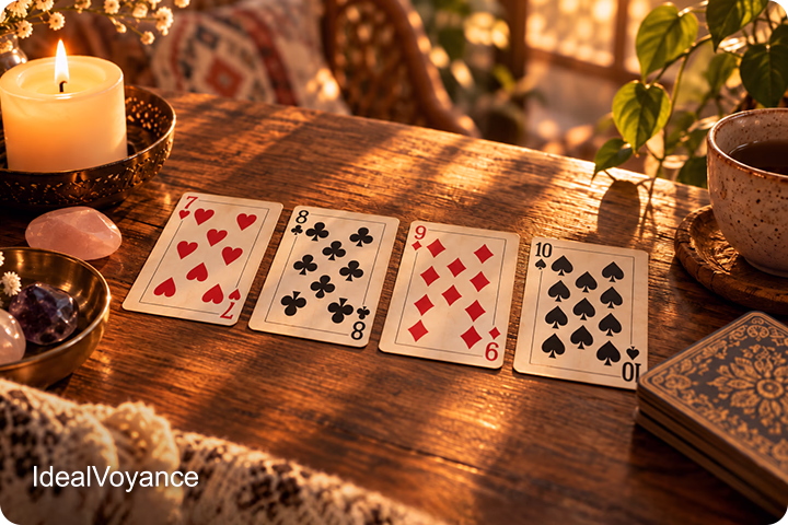 Cartes 7 de cœur, 8 de trèfle, 9 de carreau et 10 de pique disposées sur une table, illustrant la signification des cartes numérotées dans un tirage de cartomancie.