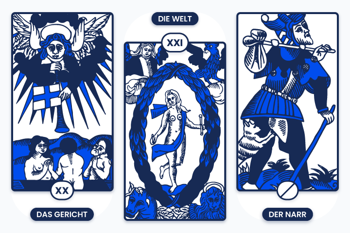 Marseille-Tarotkarten, auf denen das Gericht (XX), die Welt (XXI) und der Narr abgebildet sind. Sie symbolisieren Wiedergeburt, Erfüllung und eine grenzenlose innere Reise