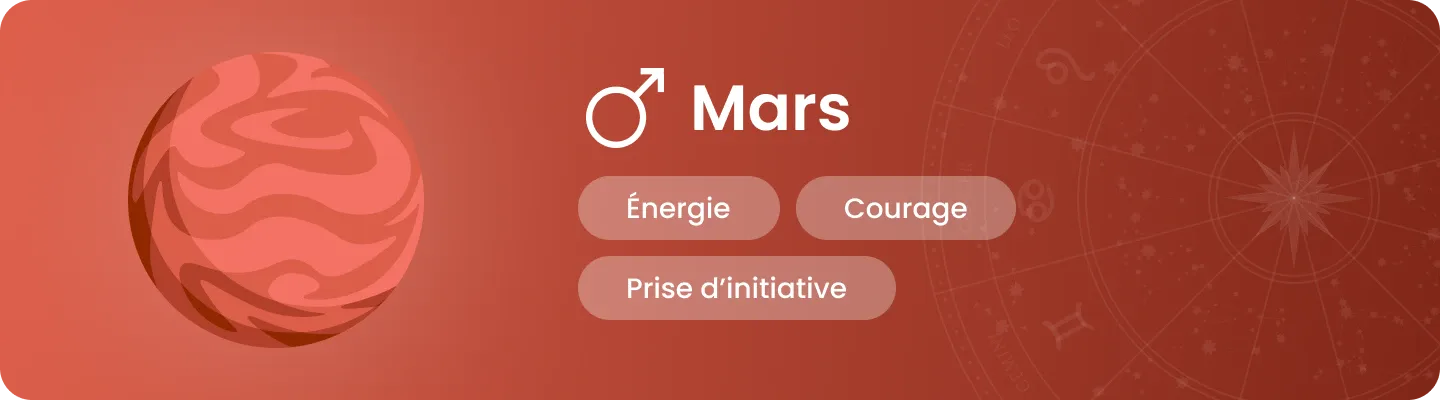 Illustration de la plan&egrave;te Mars avec les mots-cl&eacute;s astrologiques &laquo; &Eacute;nergie, Courage, Prise d&rsquo;initiative &raquo;.