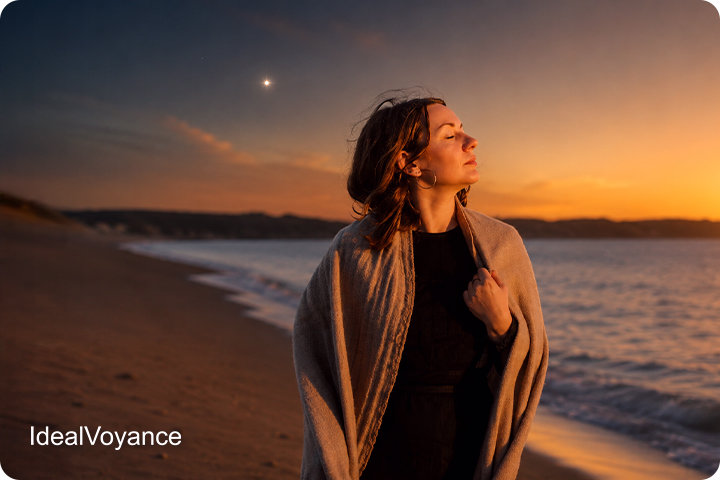 Femme contemplant l'horizon au bord de la mer au coucher du soleil, illustrant la s&eacute;r&eacute;nit&eacute;, l'introspection et les &eacute;nergies de Mercure r&eacute;trograde en astrologie.