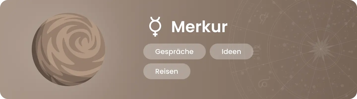 Illustration des Planeten Merkur mit den astrologischen Schl&uuml;sselbegriffen &laquo; Gespr&auml;che, Ideen, Reisen &raquo;.