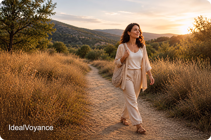 Femme marchant sereinement dans la nature au coucher du soleil, illustrant les bienfaits des affirmations positives sur la confiance en soi, la motivation et le renouveau personnel.