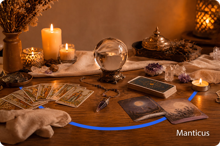Kristallkugel, Pendel und Tarotkarten auf einem Wahrsagetisch – klassische Werkzeuge der Wahrsagerei zur Deutung von Energien und spiritueller Orientierung.