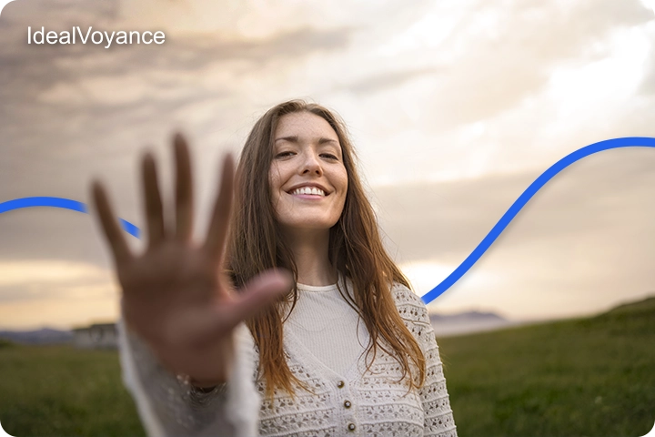 Femme souriante levant la main dans un paysage naturel, symbole d&rsquo;ouverture au changement et &agrave; la transformation li&eacute;s &agrave; l&rsquo;&eacute;nergie du vendredi 13 en num&eacute;rologie.