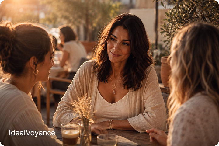 Femme échangeant avec deux personnes dans une ambiance chaleureuse, illustrant l’impact des affirmations positives sur la confiance en soi, la bienveillance et les relations harmonieuses.