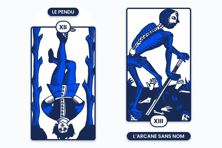 Cartes du tarot de Marseille repr&eacute;sentant Le Pendu (XII) et L&rsquo;Arcane sans Nom (XIII), symbolisant le l&acirc;cher-prise, la transformation et la fin n&eacute;cessaire pour une renaissance