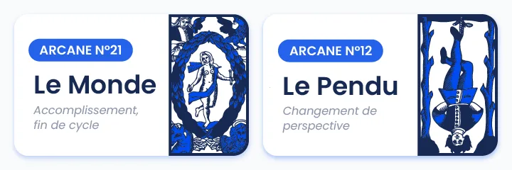 Illustration des arcanes majeurs Le Monde et Le Pendu du tarot, symbolisant accomplissement, fin de cycle et changement de perspective dans une guidance spirituelle de No&euml;l.