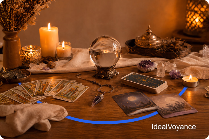 Boule de cristal, pendule et cartes de tarot disposés sur une table de voyance, illustrant les principaux outils divinatoires utilisés pour interpréter les énergies et guider les consultations.