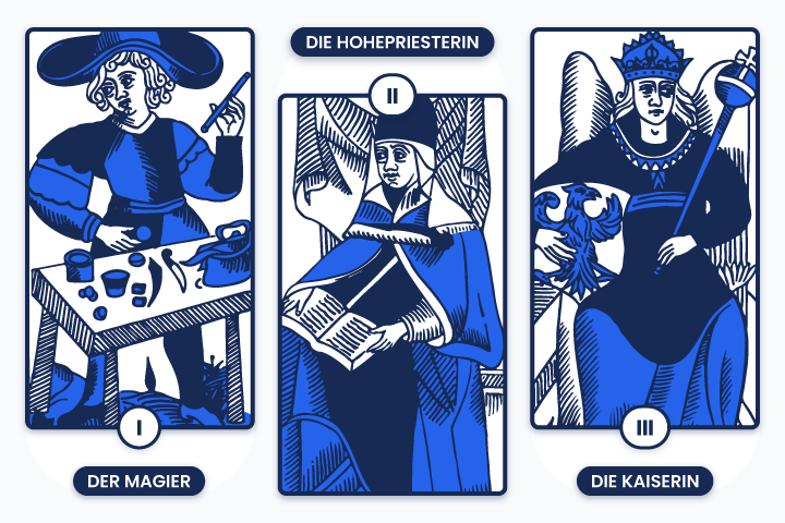Karten des Marseille-Tarot, die die ersten drei grossen Arkana darstellen: Der Bootsmann, die Päpstin und die Kaiserin. Jede Karte ist reich an spirituellen Symbolen