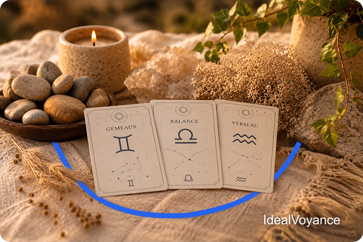 Cartes astrologiques des signes d’air Gémeaux, Balance et Verseau, représentant la communication, l’intellect, la curiosité et la créativité associées à l’élément air