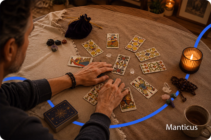 Mann bei einer intuitiven Tarotlegung mit Karten und Kristallen, der seine Intuition und innere Wahrnehmung in ruhiger Atmosph&auml;re exploreiert.