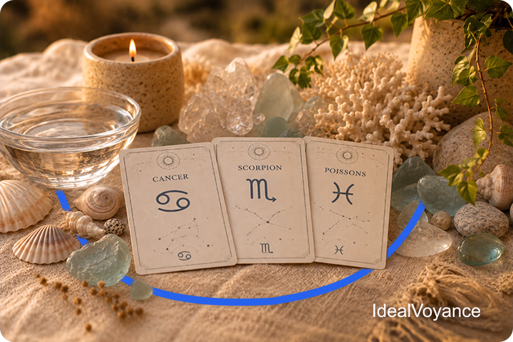 Cartes astrologiques des signes d’eau Cancer, Scorpion et Poissons, illustrant l’intuition, les émotions, l’empathie et la sensibilité associées à l’élément eau en astrologie