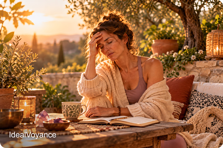 Femme fatiguée se tenant le front, illustrant les signes possibles d’un déséquilibre des chakras comme le stress, la fatigue et le manque de clarté mentale