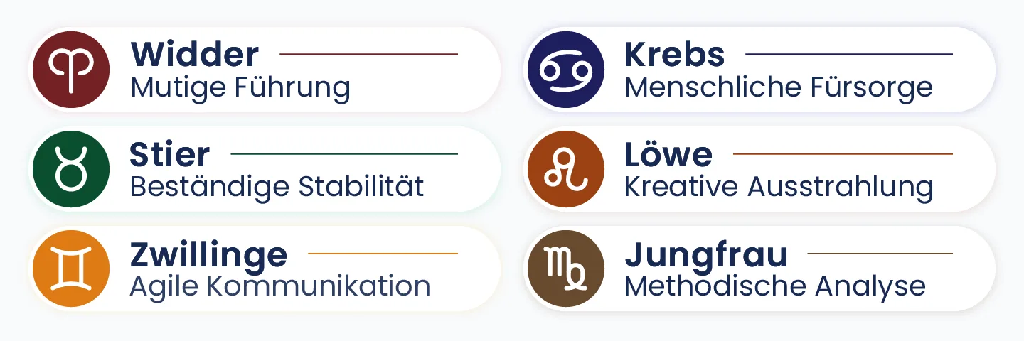 Übersicht der Sternzeichen und ihrer beruflichen Eigenschaften, die zeigt, wie Astrologie Talente, Stärken und Karrierepotenziale aufzeigt.