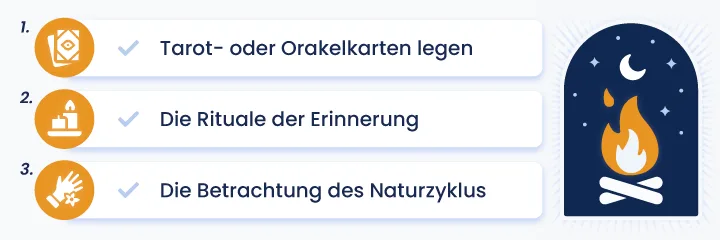 Infografik &uuml;ber die spirituelle Symbolik des 31. Oktober: Tarot-Ziehungen, Erinnerungsrituale und Betrachtung des Naturkreislaufs in Verbindung mit Halloween und Samhain.