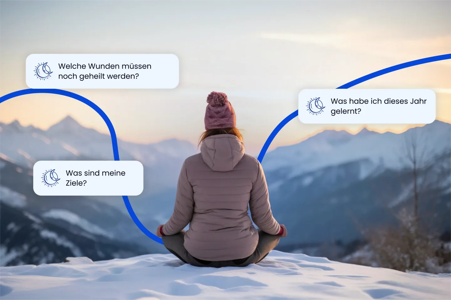 Frau meditiert im Schnee vor Berglandschaft, umgeben von Reflexionsfragen zu Heilung, Jahreslektionen und zukünftigen Zielen.