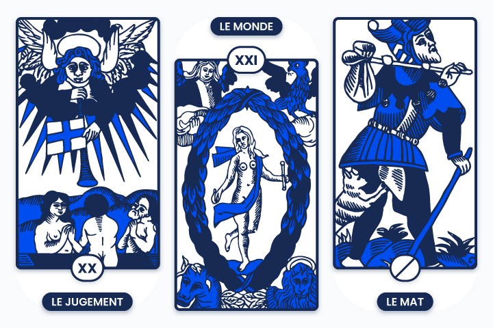 Cartes du tarot de Marseille repr&eacute;sentant Le Jugement (XX), Le Monde (XXI) et Le Mat, symbolisant la renaissance, l&rsquo;accomplissement et le voyage int&eacute;rieur sans limites