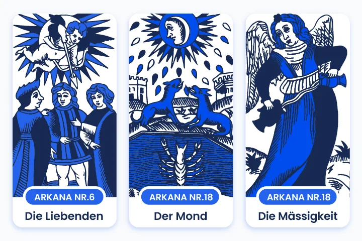 Tarotkarten Die Liebenden, Der Mond und Die Mäßigkeit – wichtige Arkana für spirituelle Weihnachts-Guidance und emotionale Klarheit zum Jahresende.