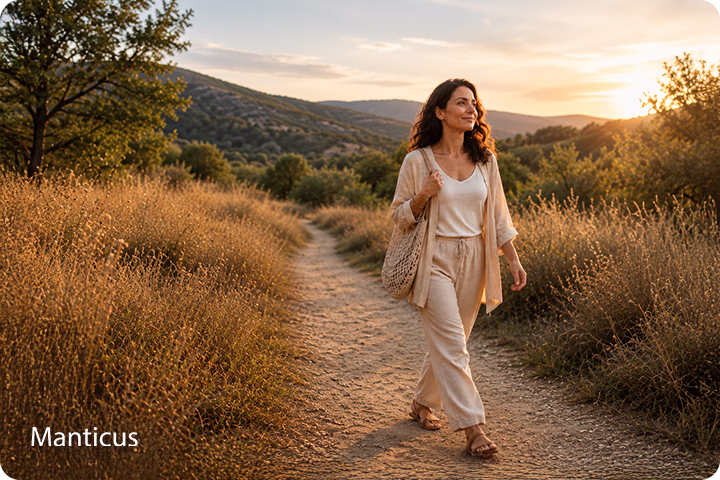 Frau geht entspannt bei Sonnenuntergang durch die Natur – Symbol für Selbstvertrauen, Motivation und persönlichen Neubeginn durch positive Affirmationen.