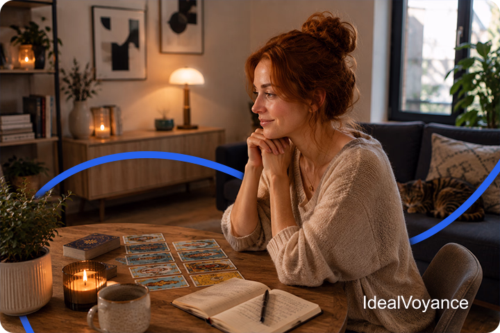 Femme concentr&eacute;e devant un tirage de tarot intuitif, prenant des notes et interpr&eacute;tant les cartes selon ses ressentis dans une ambiance apaisante.