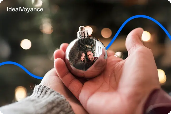 Mains tenant une boule de No&euml;l r&eacute;fl&eacute;chissant un couple, symbole d&rsquo;&eacute;motions, d&rsquo;amour et d&rsquo;introspection pendant les f&ecirc;tes, en lien avec la guidance spirituelle de d&eacute;cembre.