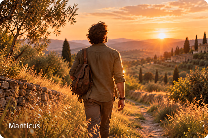 Mann geht bei Sonnenuntergang dem Horizont entgegen – Symbol für Hellsehen als natürliche Gabe, Intuition und die Entwicklung spiritueller Wahrnehmung.