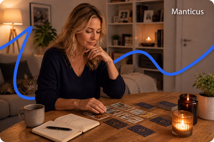 Frau bei einer intuitiven Tarotlegung zu Hause, die ihre Gef&uuml;hle und Intuition nutzt, um die Karten in entspannter Atmosph&auml;re zu deuten.