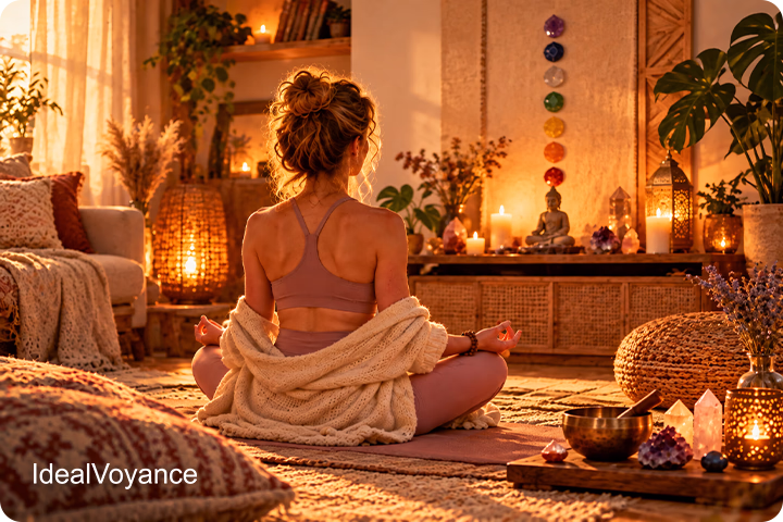 Femme méditant face aux symboles des sept chakras, entourée de cristaux et de bols chantants, illustrant différentes techniques pour rééquilibrer les centres énergétiques