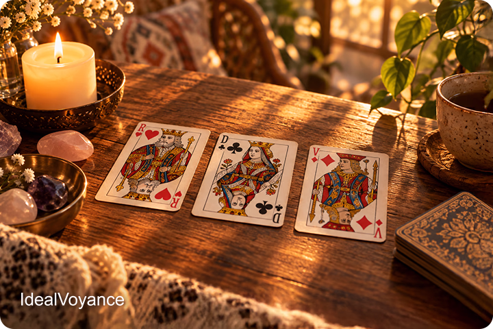 Roi de cœur, Dame de trèfle et Valet de carreau disposés sur une table, illustrant la signification des figures dans un tirage de cartes traditionnelles en cartomancie.