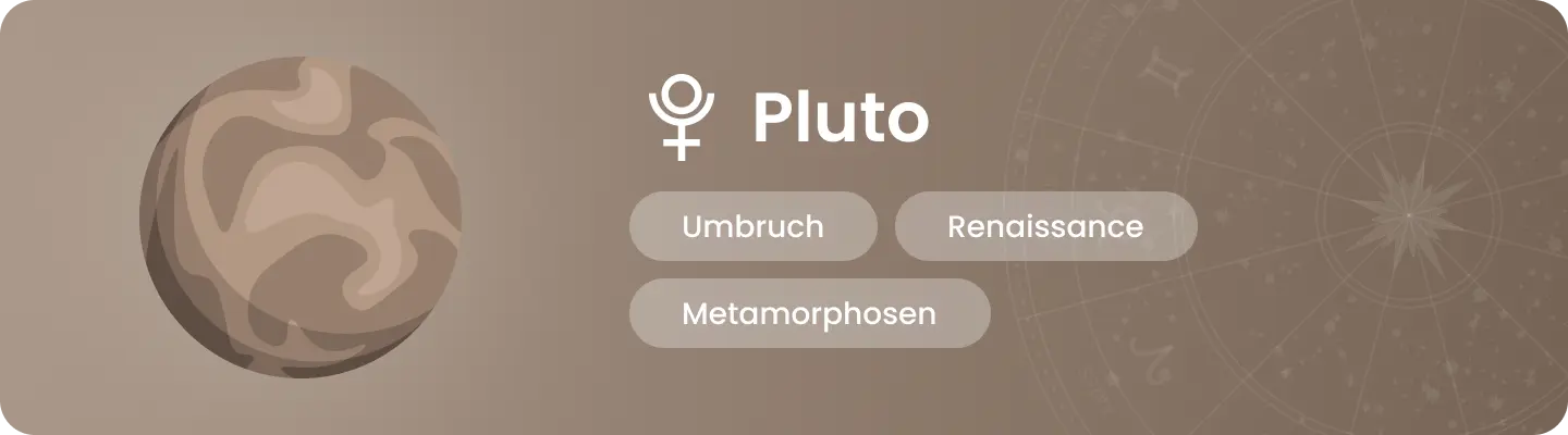 Illustration des Planeten Pluto mit den Schl&uuml;sselbegriffen &laquo; Umbruch, Metamorphosen, Renaissance &raquo;.