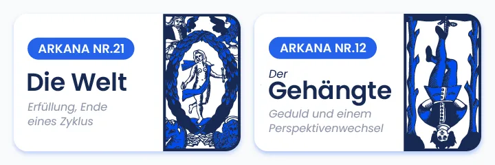 Darstellung der Tarot-Arkana Die Welt und Der Gehängte, Symbole für Vollendung, Zyklusende und Perspektivwechsel in einer spirituellen, weihnachtlichen Legung.