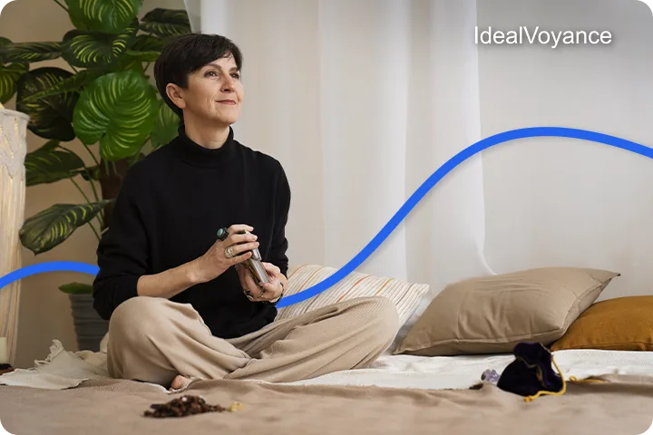 Femme assise en position de méditation tenant un jeu de tarot, moment de recentrage et de connexion à son intuition dans un environnement apaisant.