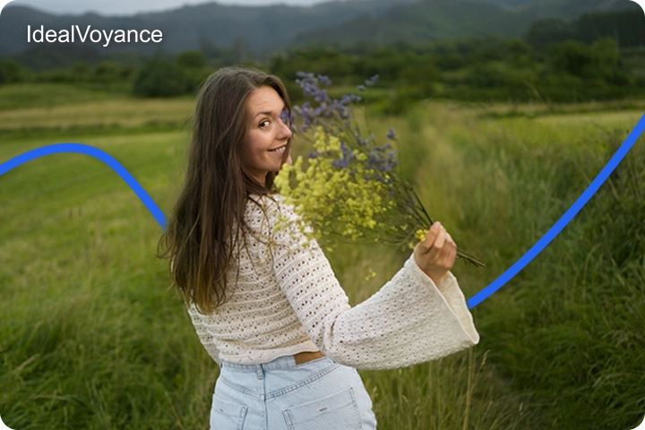 Femme souriante tenant des fleurs dans un paysage naturel, symbole de renouveau et de transformation li&eacute; &agrave; l&rsquo;&eacute;nergie du vendredi 13 en num&eacute;rologie.
